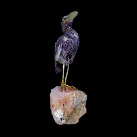 3.6" Hand Carved Bird Perched On Pink Calcite Shore Bird, Amethyst Peru - Fossil Age Minerals