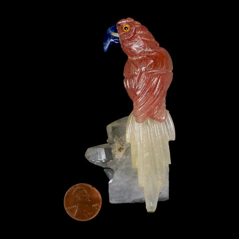 3.8" Hand Carved Bird Perched on Quartz Crystal Parrot Pink, White Calcite Peru - Fossil Age Minerals