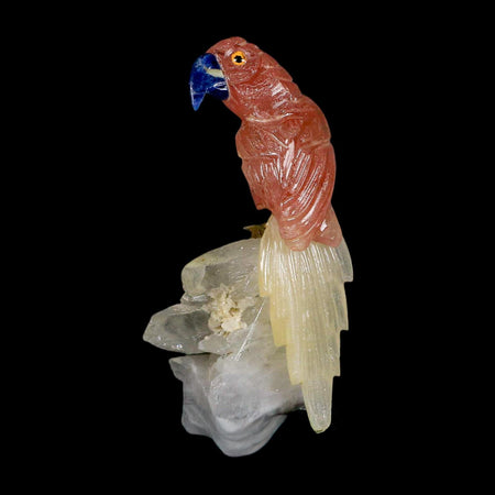 3.8" Hand Carved Bird Perched on Quartz Crystal Parrot Pink, White Calcite Peru