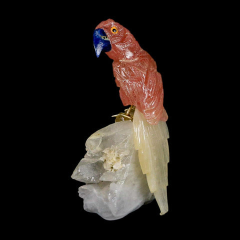 3.8" Hand Carved Bird Perched on Quartz Crystal Parrot Pink, White Calcite Peru - Fossil Age Minerals