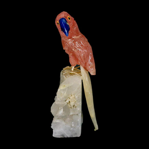 3.8" Hand Carved Bird Perched on Quartz Crystal Parrot Pink, White Calcite Peru - Fossil Age Minerals
