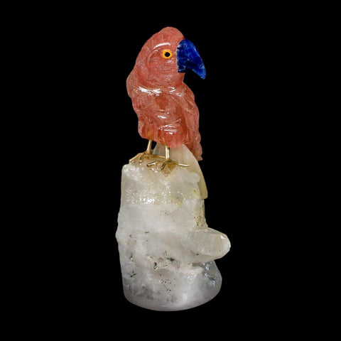 3.8" Hand Carved Bird Perched on Quartz Crystal Parrot Pink, White Calcite Peru - Fossil Age Minerals