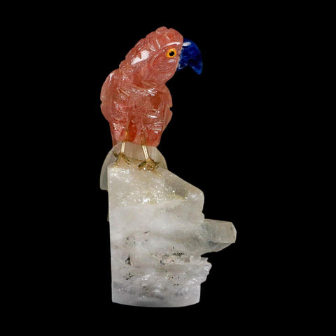 3.8" Hand Carved Bird Perched on Quartz Crystal Parrot Pink, White Calcite Peru - Fossil Age Minerals
