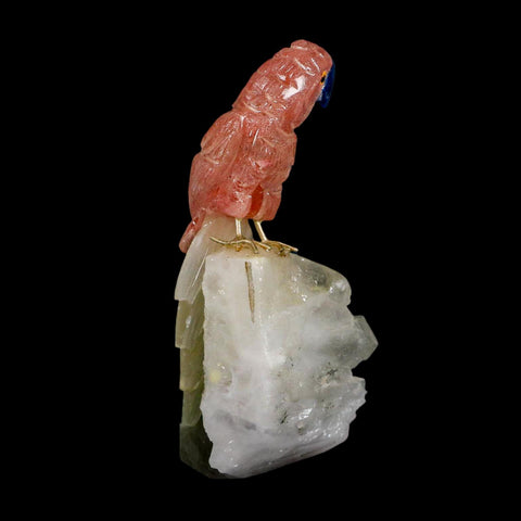 3.8" Hand Carved Bird Perched on Quartz Crystal Parrot Pink, White Calcite Peru - Fossil Age Minerals