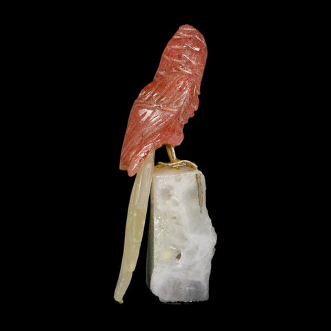 3.8" Hand Carved Bird Perched on Quartz Crystal Parrot Pink, White Calcite Peru - Fossil Age Minerals