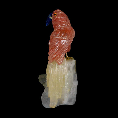 3.8" Hand Carved Bird Perched on Quartz Crystal Parrot Pink, White Calcite Peru - Fossil Age Minerals