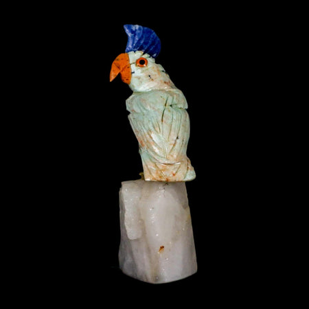 3.7" Hand Carved Bird Perched on Quartz Crystal Parrot Green, Blue Calcite Peru