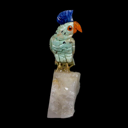 3.7" Hand Carved Bird Perched on Quartz Crystal Parrot Green, Blue Calcite Peru