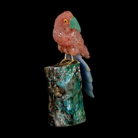 3.8" Hand Carved Bird Perched on Malachite Crystal Parrot Pink, Blue Calcite Peru