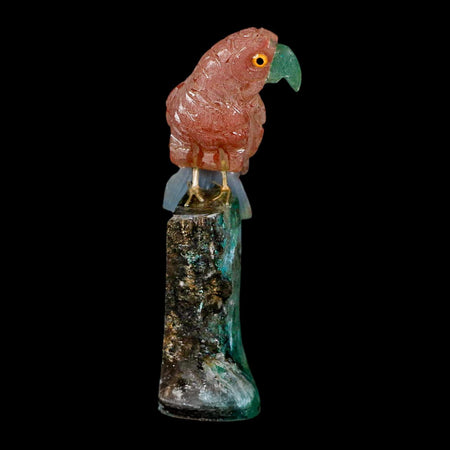 3.8" Hand Carved Bird Perched on Malachite Crystal Parrot Pink, Blue Calcite Peru