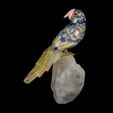 3.6" Hand Carved Bird Perched on Crystal Crystal Parrot Sodalite, Yellow Calcite Peru - Fossil Age Minerals