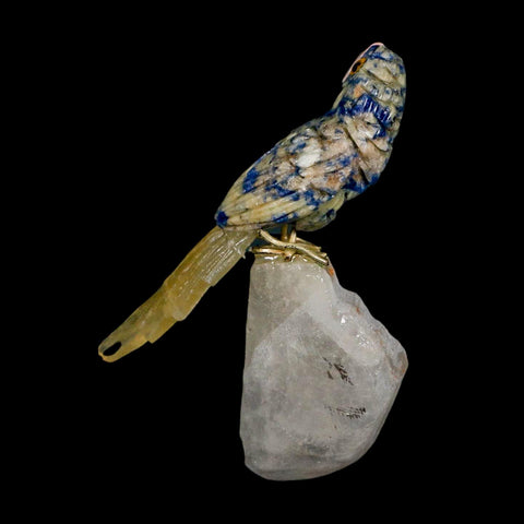 3.6" Hand Carved Bird Perched on Crystal Crystal Parrot Sodalite, Yellow Calcite Peru - Fossil Age Minerals