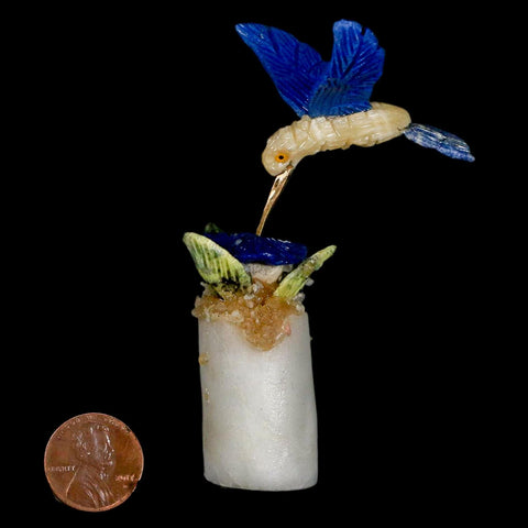 3.6" Hand Carved Bird Perched on Crystal Quartz Blue Sodalite Calcite Hummingbird Peru - Fossil Age Minerals