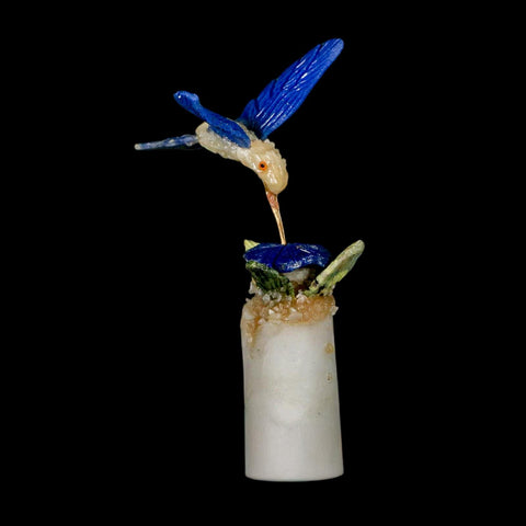 3.6" Hand Carved Bird Perched on Crystal Quartz Blue Sodalite Calcite Hummingbird Peru - Fossil Age Minerals