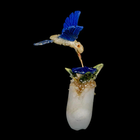 3.6" Hand Carved Bird Perched on Crystal Quartz Blue Sodalite Calcite Hummingbird Peru - Fossil Age Minerals