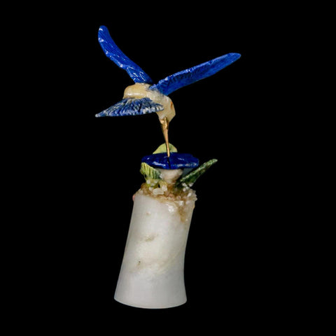 3.6" Hand Carved Bird Perched on Crystal Quartz Blue Sodalite Calcite Hummingbird Peru - Fossil Age Minerals