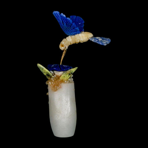 3.6" Hand Carved Bird Perched on Crystal Quartz Blue Sodalite Calcite Hummingbird Peru - Fossil Age Minerals