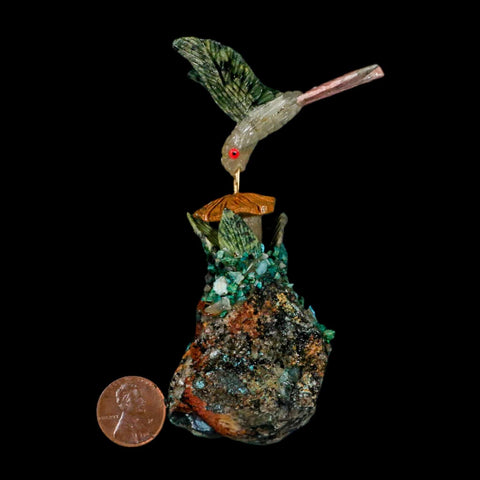4.1" Hand Carved Bird Perched on Malachite Serpentine White Calcite Hummingbird Peru - Fossil Age Minerals