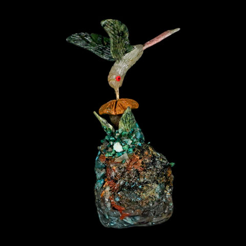 4.1" Hand Carved Bird Perched on Malachite Serpentine White Calcite Hummingbird Peru - Fossil Age Minerals