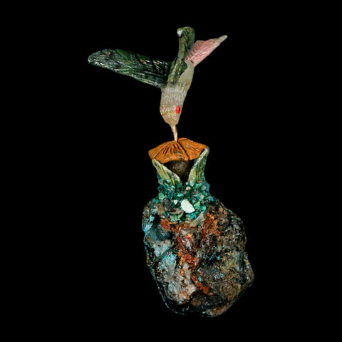 4.1" Hand Carved Bird Perched on Malachite Serpentine White Calcite Hummingbird Peru - Fossil Age Minerals