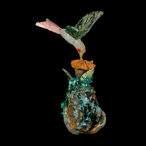 4.1" Hand Carved Bird Perched on Malachite Serpentine White Calcite Hummingbird Peru - Fossil Age Minerals