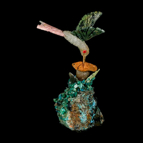 4.1" Hand Carved Bird Perched on Malachite Serpentine White Calcite Hummingbird Peru - Fossil Age Minerals