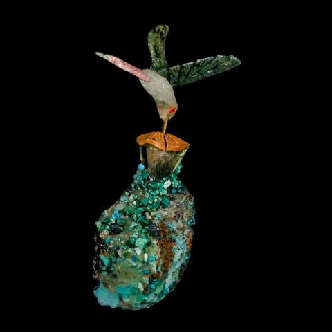 4.1" Hand Carved Bird Perched on Malachite Serpentine White Calcite Hummingbird Peru - Fossil Age Minerals