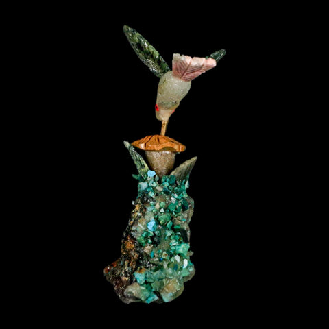 4.1" Hand Carved Bird Perched on Malachite Serpentine White Calcite Hummingbird Peru - Fossil Age Minerals