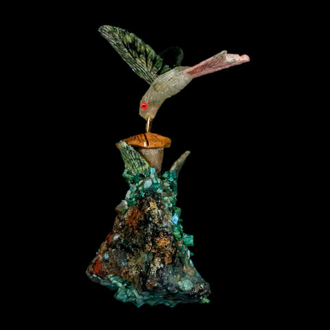 4.1" Hand Carved Bird Perched on Malachite Serpentine White Calcite Hummingbird Peru - Fossil Age Minerals