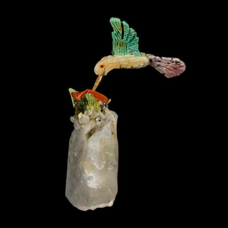 4.1" Hand Carved Bird Perched on Quartz Crystal Amazonite Calcite Hummingbird Peru