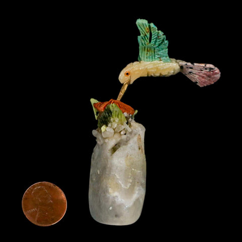 4.1" Hand Carved Bird Perched on Quartz Crystal Amazonite Calcite Hummingbird Peru - Fossil Age Minerals