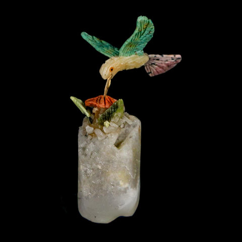 4.1" Hand Carved Bird Perched on Quartz Crystal Amazonite Calcite Hummingbird Peru - Fossil Age Minerals