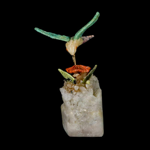 4.1" Hand Carved Bird Perched on Quartz Crystal Amazonite Calcite Hummingbird Peru - Fossil Age Minerals