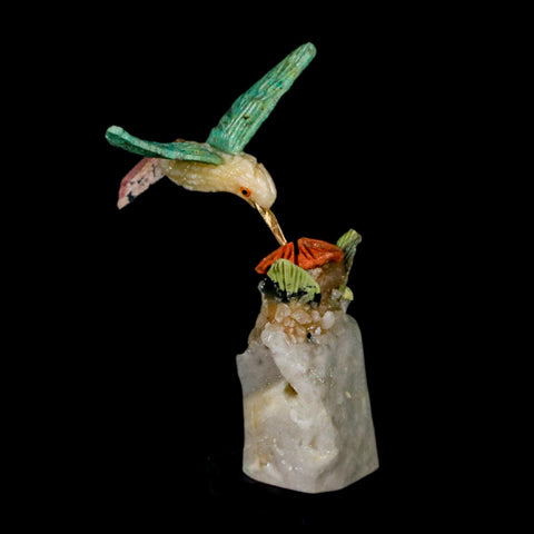 4.1" Hand Carved Bird Perched on Quartz Crystal Amazonite Calcite Hummingbird Peru - Fossil Age Minerals