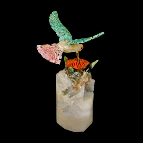4.1" Hand Carved Bird Perched on Quartz Crystal Amazonite Calcite Hummingbird Peru - Fossil Age Minerals