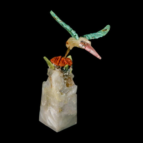 4.1" Hand Carved Bird Perched on Quartz Crystal Amazonite Calcite Hummingbird Peru - Fossil Age Minerals