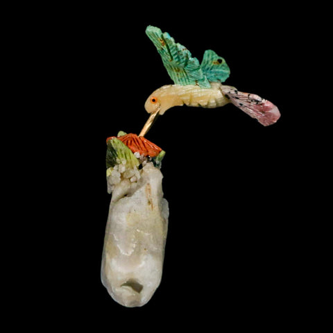 4.1" Hand Carved Bird Perched on Quartz Crystal Amazonite Calcite Hummingbird Peru - Fossil Age Minerals