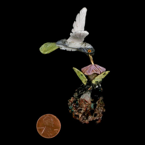 3.9" Hand Carved Bird Perched on Black Tourmaline White Calcite Hummingbird Peru - Fossil Age Minerals