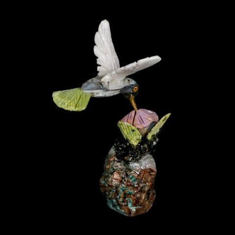 3.9" Hand Carved Bird Perched on Black Tourmaline White Calcite Hummingbird Peru - Fossil Age Minerals