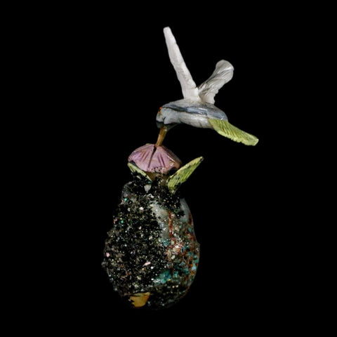 3.9" Hand Carved Bird Perched on Black Tourmaline White Calcite Hummingbird Peru - Fossil Age Minerals
