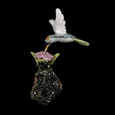 3.9" Hand Carved Bird Perched on Black Tourmaline White Calcite Hummingbird Peru