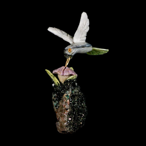 3.9" Hand Carved Bird Perched on Black Tourmaline White Calcite Hummingbird Peru - Fossil Age Minerals