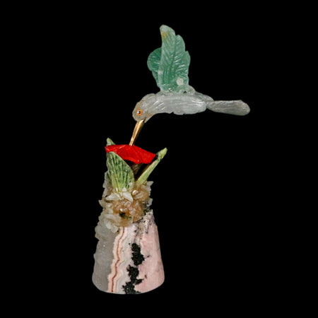 4" Hand Carved Bird Perched on Quartz Crystal White, Green Calcite Hummingbird Peru