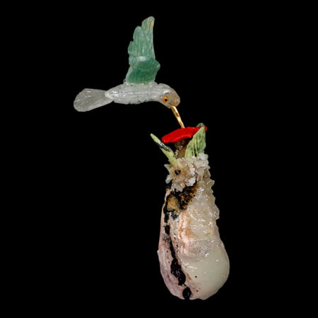 4" Hand Carved Bird Perched on Quartz Crystal White, Green Calcite Hummingbird Peru
