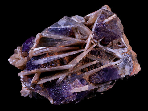 4.4" Purple Fluorite on White Barite Blades Crystal Minerals Taouirirt Morocco - Fossil Age Minerals
