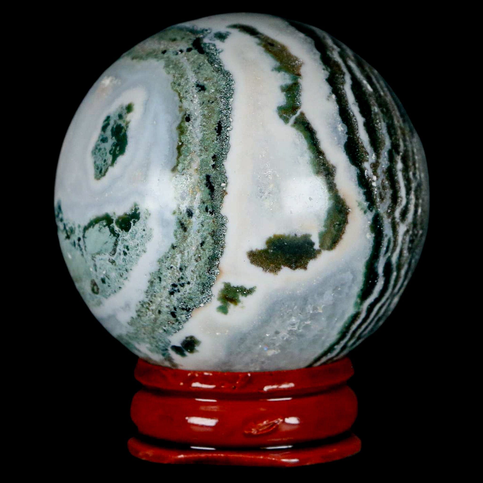 47MM Sardonyx Mineral Specimen Green White Sphere Ball Orb Brazil Stand - Fossil Age Minerals