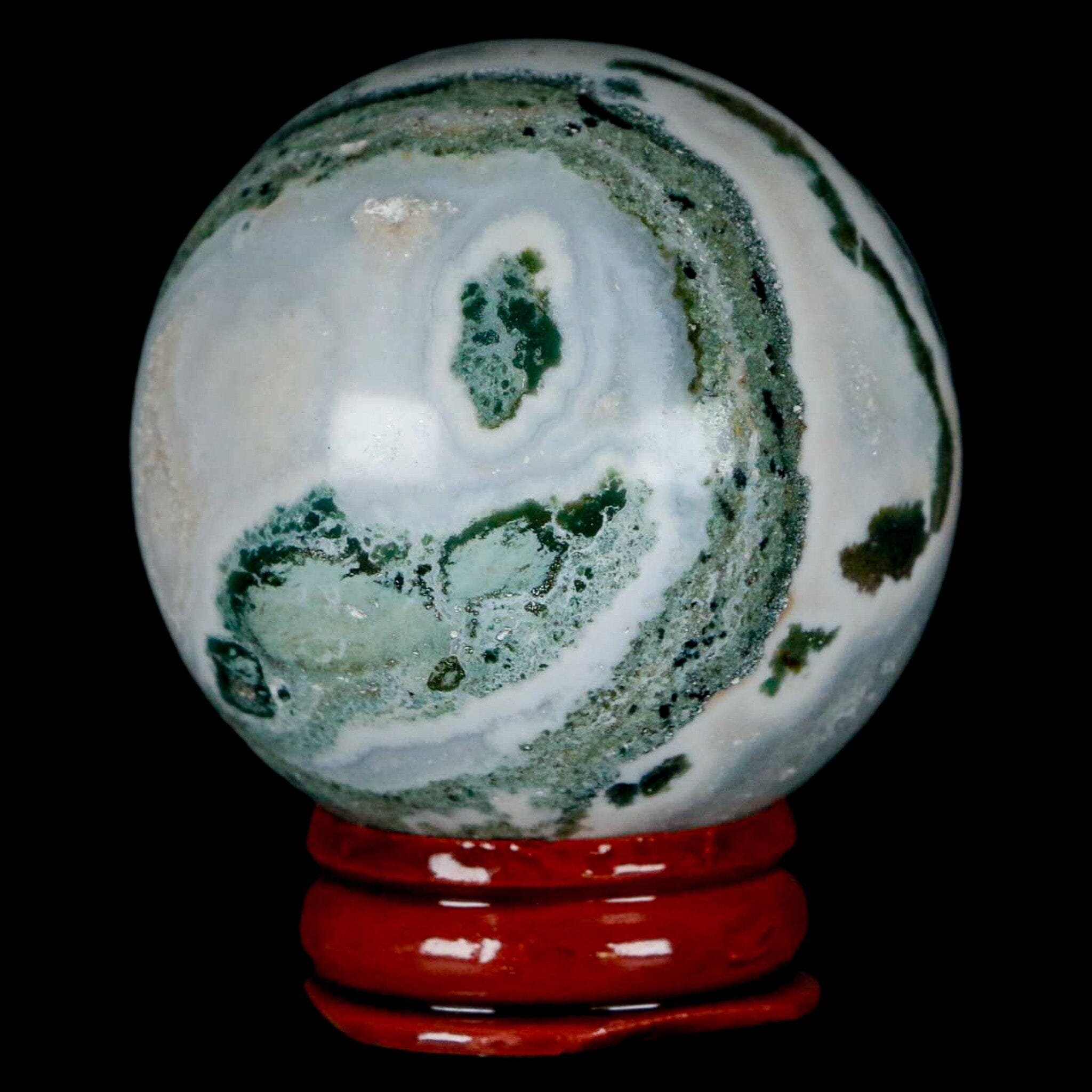 47MM Sardonyx Mineral Specimen Green White Sphere Ball Orb Brazil Stand - Fossil Age Minerals