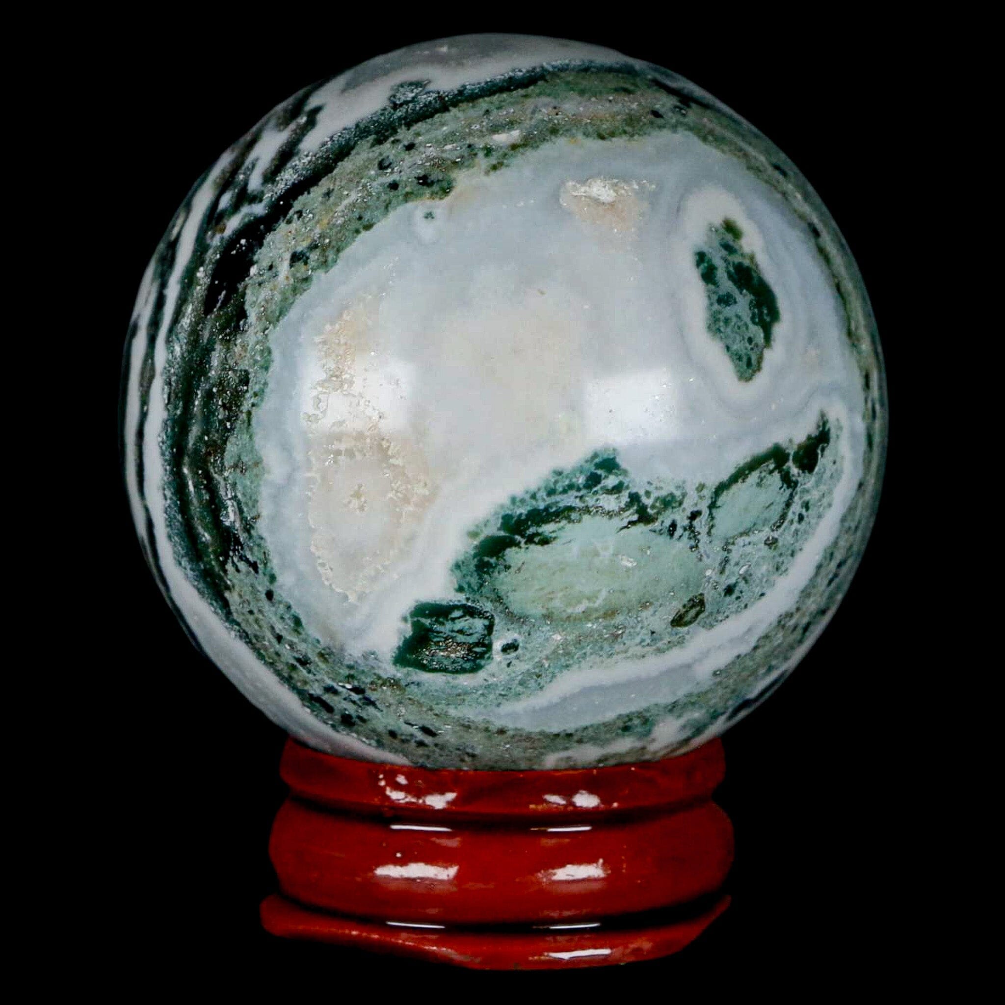 47MM Sardonyx Mineral Specimen Green White Sphere Ball Orb Brazil Stand - Fossil Age Minerals