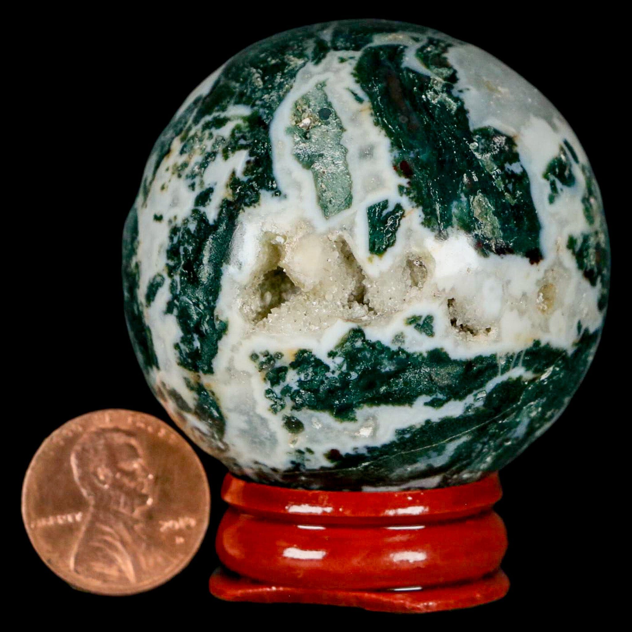 48MM Sardonyx Mineral Specimen Vug Green White Sphere Ball Orb Brazil Stand - Fossil Age Minerals