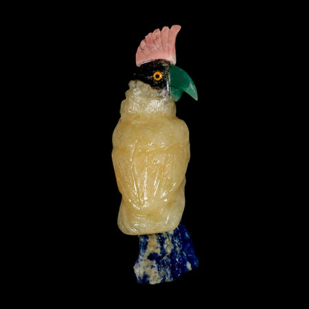 3.5" Hand Carved Bird Perched on Blue Sodalite Parrot Yellow, Pink Calcite Peru